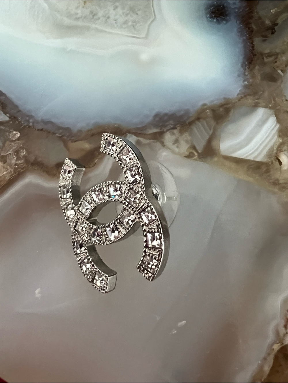 CHANEL Silver Crystal Interlocking CC Stud Earring